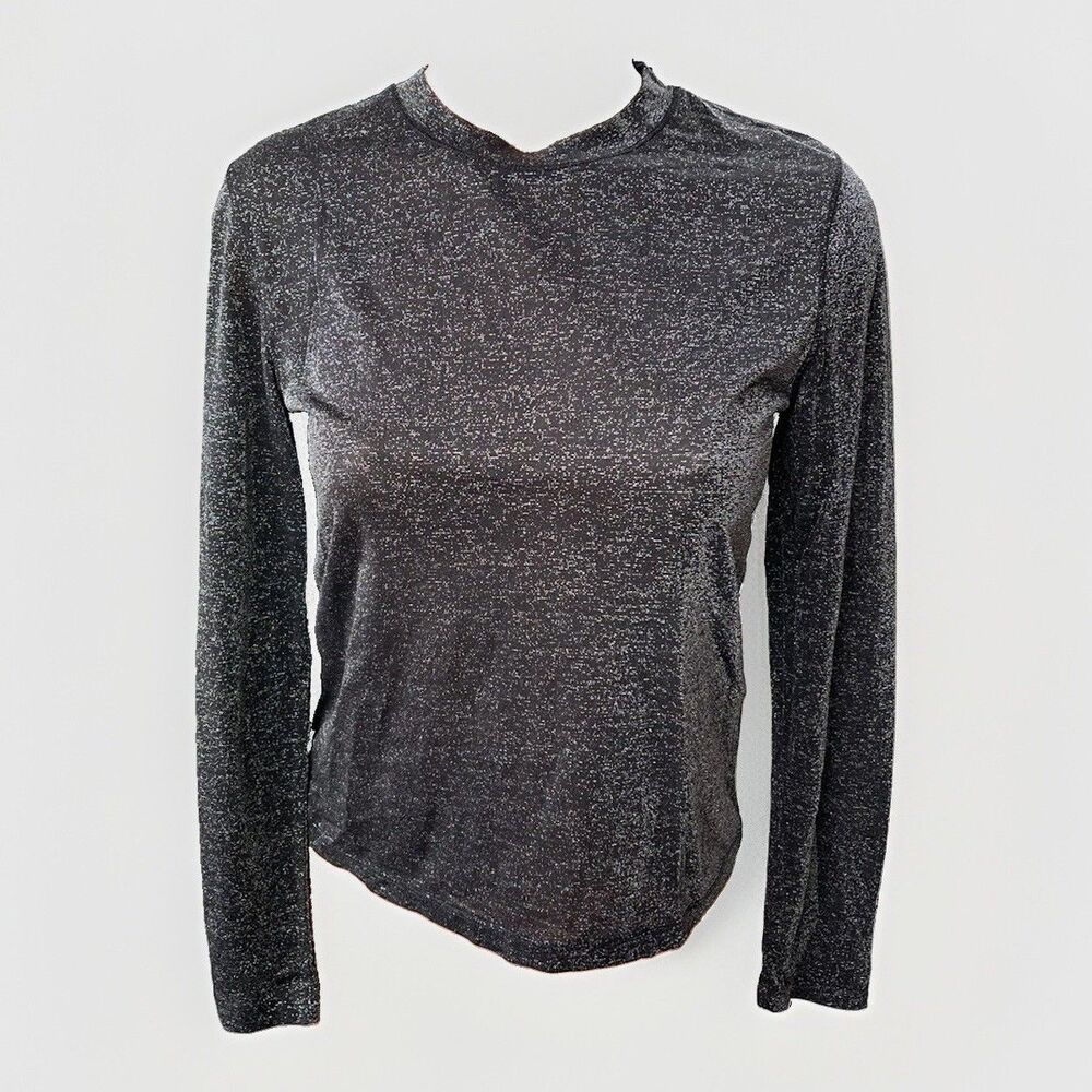 One Girl Who Black Metallic Spandex Mesh Top Size S Long Sleeve Stretch Shirt